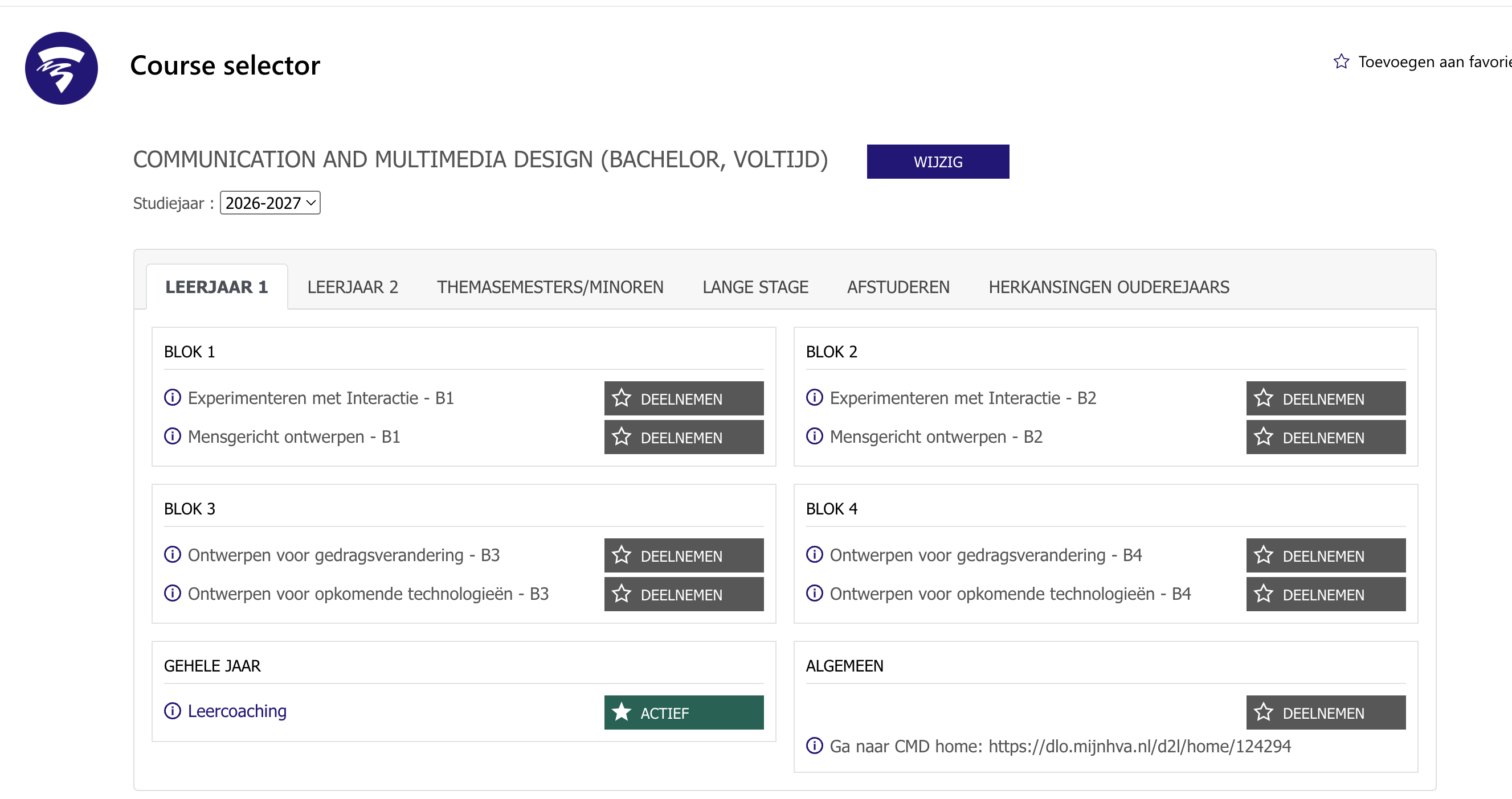 Schermafbeelding van de course selector in DLO